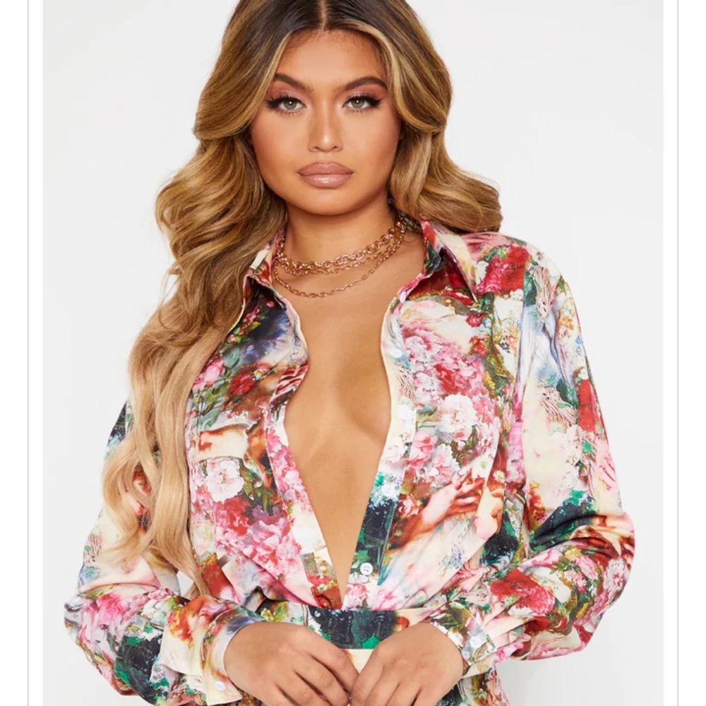 Rose Femme Renaissance Print Oversized Shirt
